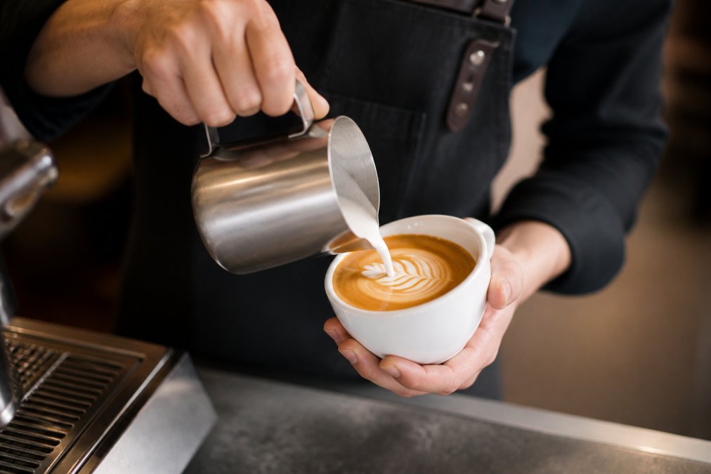Professional barista demonstrating how to make latte art at home for beginners with hands pouring steamed milk into white espresso cup, milk pitcher angled precisely, latte art design forming in cup with natural cafe lighting