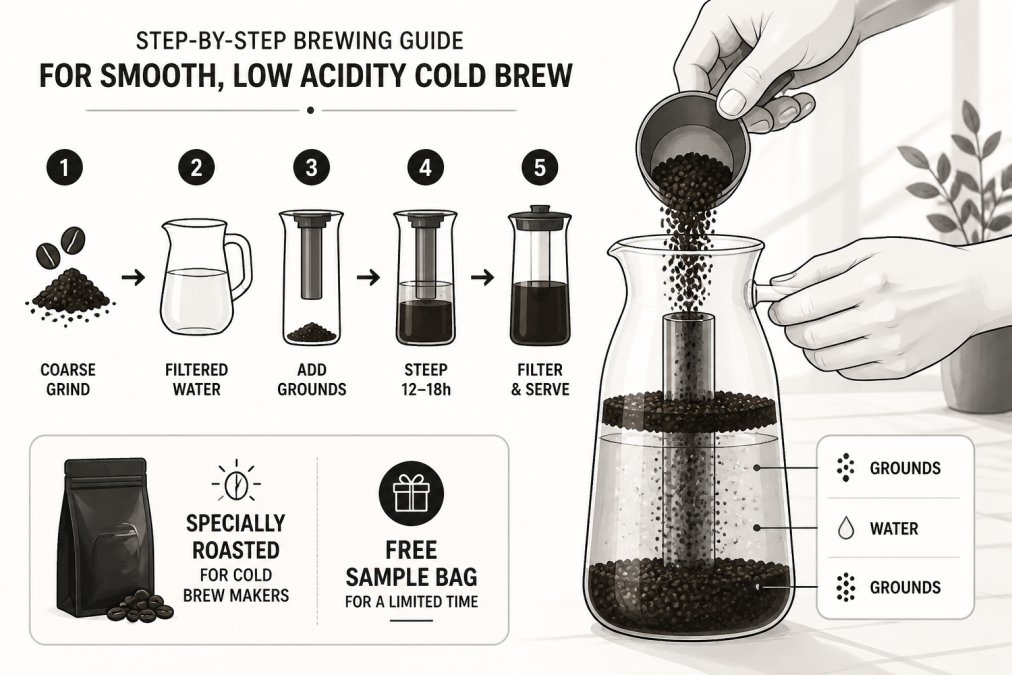 Process diagram showing steps for low acidity cold brew