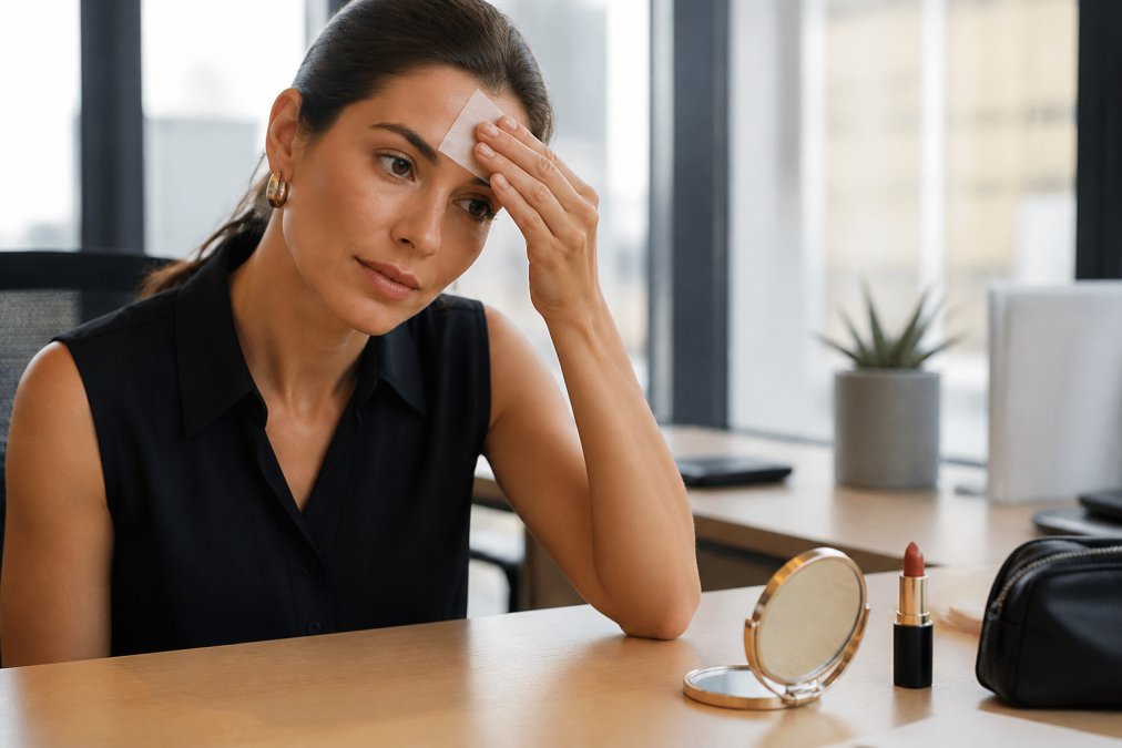 Close-up of a woman's hand pressing a blotting paper to her forehead in a bright modern office, a compact mirror and lipstick resting on the desk nearby