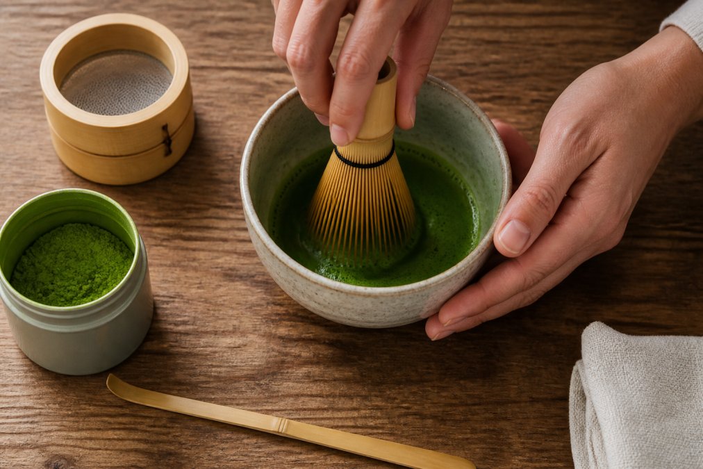 Hands using a bamboo whisk to make matcha tea in a ceramic bowl on a wooden kitchen counter