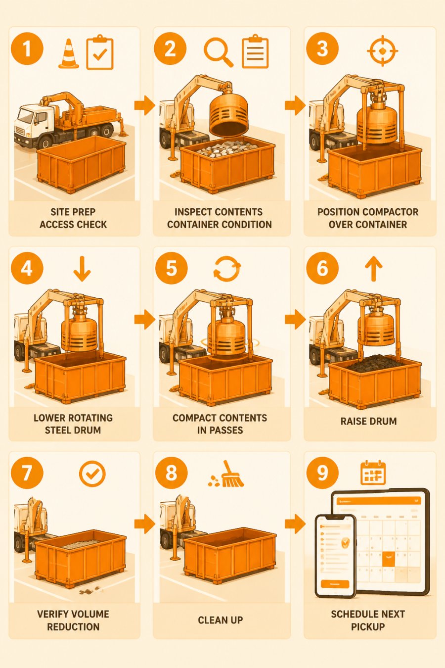 Flowchart outlining the step-by-step process of an on-site mobile waste compaction service visit.