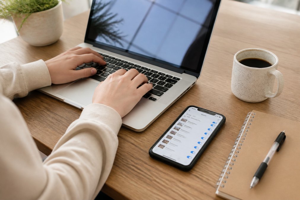Hands typing on laptop keyboard with smartphone beside it showing scheduling interface, organized workspace with coffee cup and notebook
