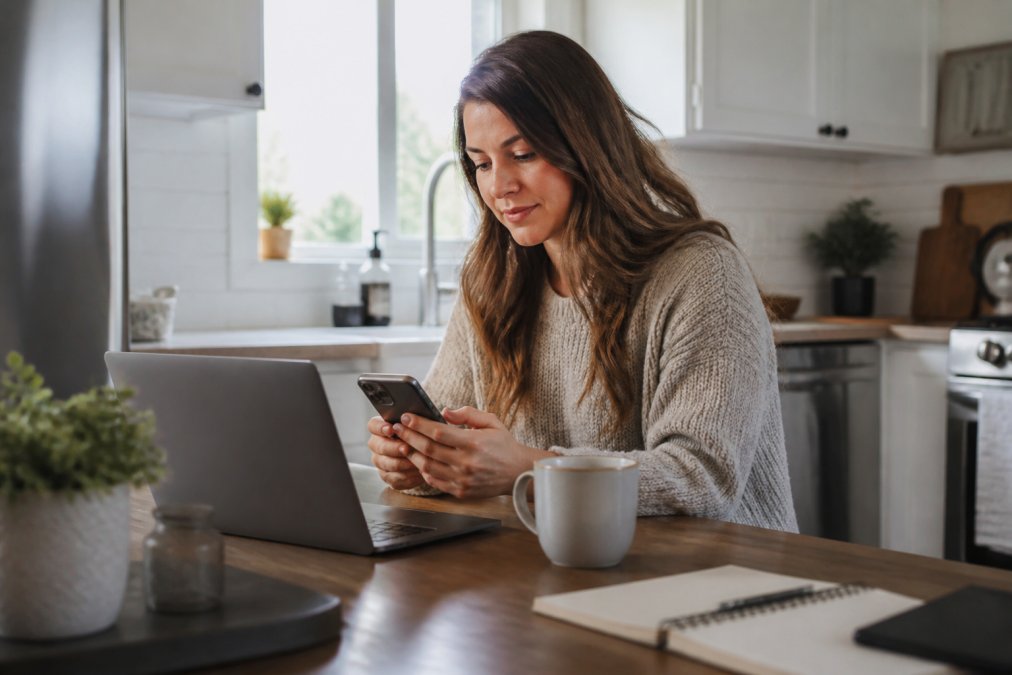 A woman sitting at a kitchen table using a smartphone and laptop together, with a coffee mug nearby, appearing focused and productive in a bright home environment
