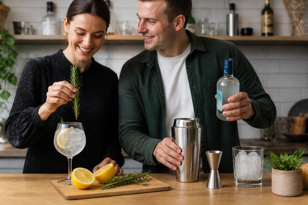 A close-up of a home bar setup with a bottle of alcohol-free gin, a jigger, a cocktail shaker, a glass of ice, and fresh garnishes like lemon and rosemary on a wooden countertop