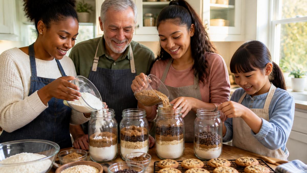 Diverse group layering dry ingredients into glass mason jars to create DIY cookie mixes in a home kitchen.