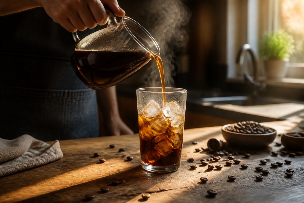 Hands pouring hot dark coffee into a glass filled with ice cubes, steam rising, condensation forming on the glass, morning sunlight streaming across a wooden kitchen counter with scattered coffee beans