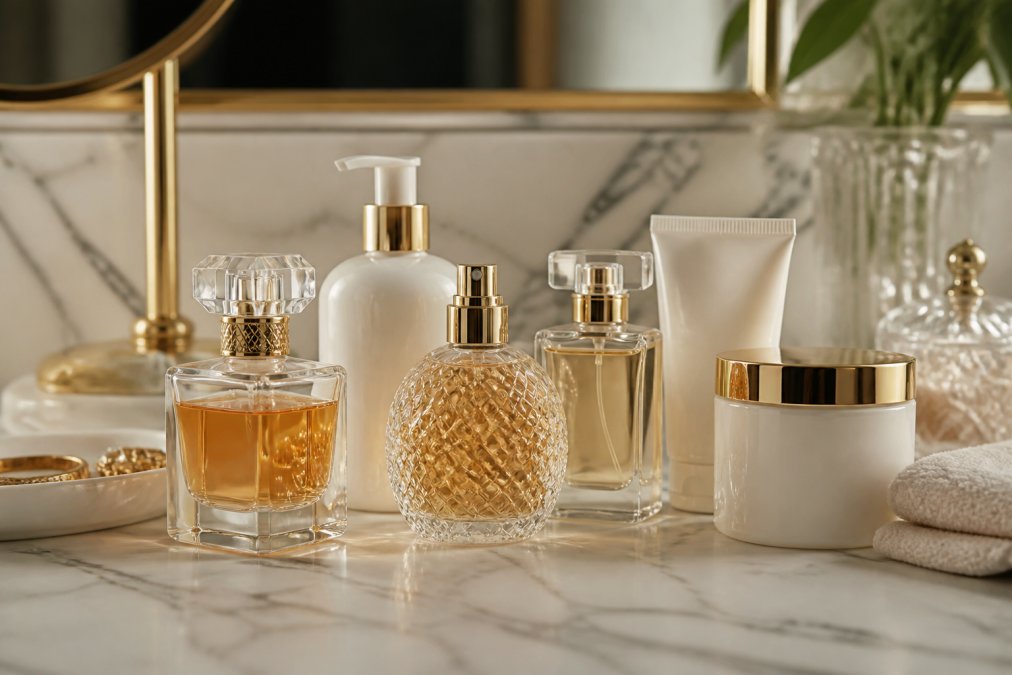 Luxurious fragrance bottles and matching body care products arranged on a marble vanity with soft warm lighting, showing a complete fragrance layering collection ready for application