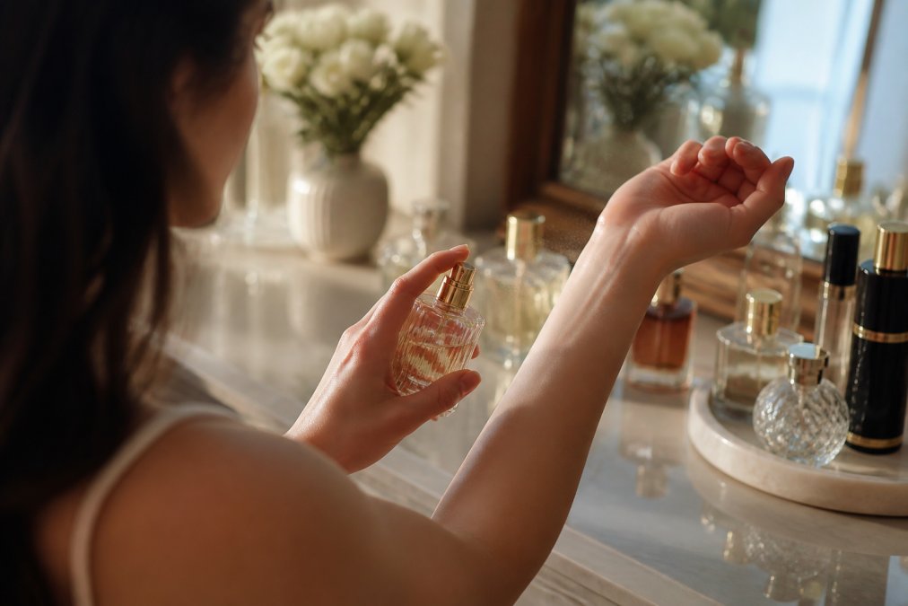 Close-up of a woman applying perfume to her inner wrist, soft natural lighting, blurred vanity table with fragrance bottles in the background