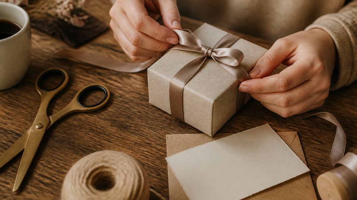 A close-up of hands carefully wrapping a small jewelry box with ribbon and a handwritten note card resting on a wooden table, warm natural lighting, soft focus background