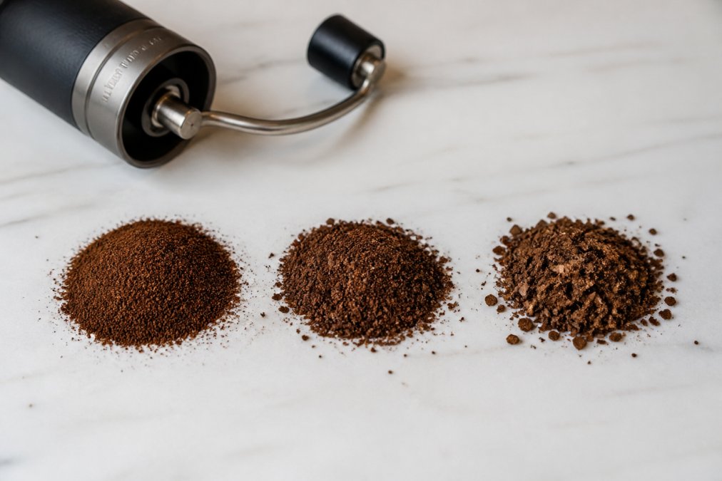 Close-up of three small piles of coffee grounds on a white surface, showing fine, medium, and coarse textures next to a hand grinder
