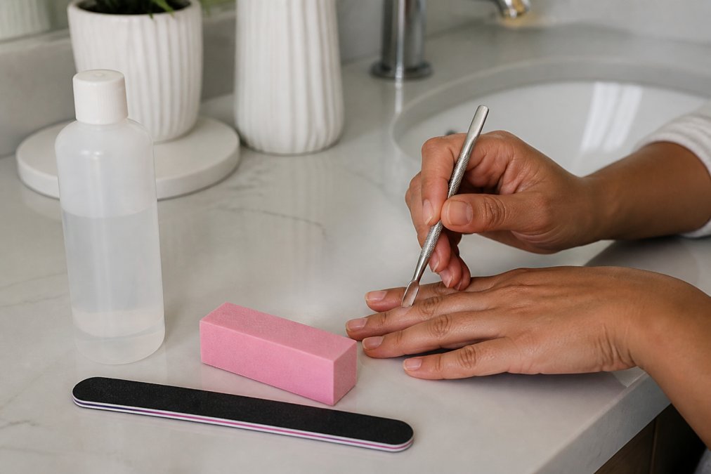 Close-up of a person's hands using a cuticle pusher and nail file on a clean, well-lit bathroom counter, with a bottle of isopropyl alcohol and a buffing block nearby