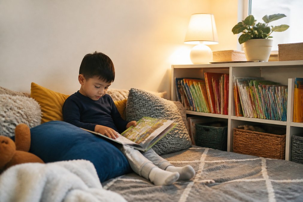 Child sitting in a comfortable reading corner surrounded by soft cushions, warm lamp lighting, and colorful books on a low shelf within easy reach