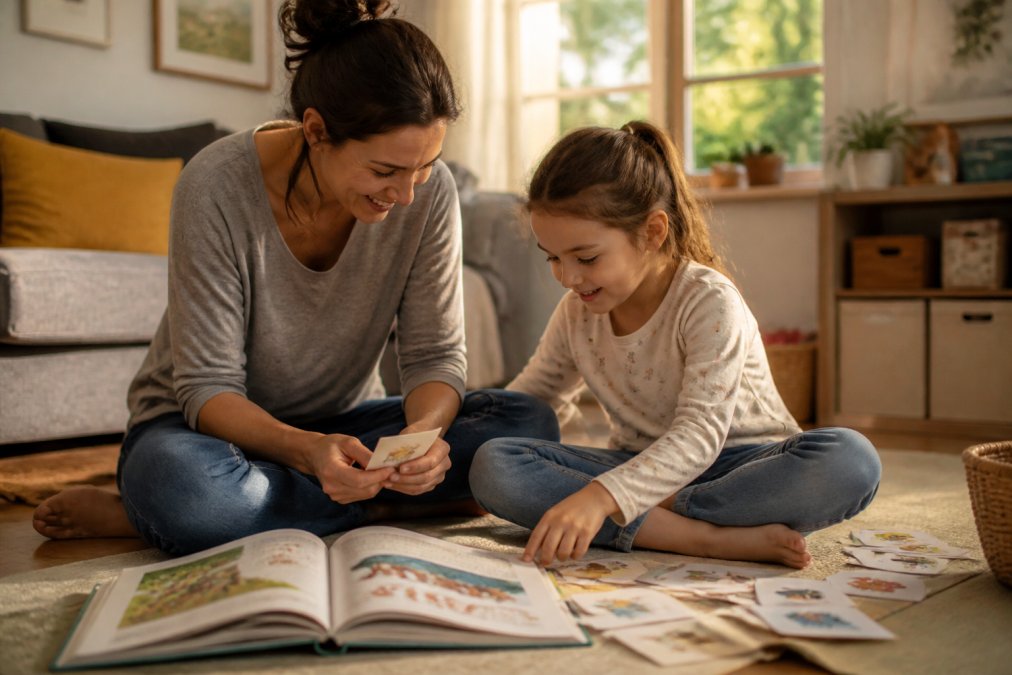 A parent and child sitting on a cozy living room floor, playing a reading game with colorful cards and a storybook, both smiling and engaged, warm afternoon light through a window