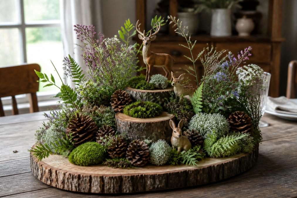 Completed rustic woodland centerpiece on wooden table featuring layered moss base, wood slices, pine cones, wildflowers, and small woodland figurines with soft natural side lighting casting gentle shadows