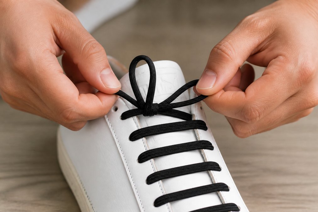 Close-up of hands demonstrating the bunny ear lacing method on a white sneaker, showing two loops being formed and pulled tight with natural lighting
