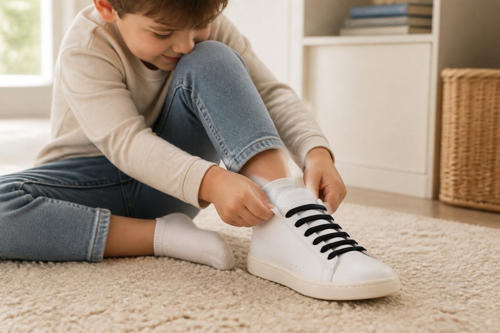 A young child slipping on a white sneaker with elastic no-tie laces visible, showing ease of foot entry with natural daylight in home setting