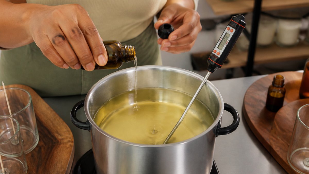 Close-up of hands pouring fragrance oil into melted soy wax with a thermometer visible, showing proper candle-making technique