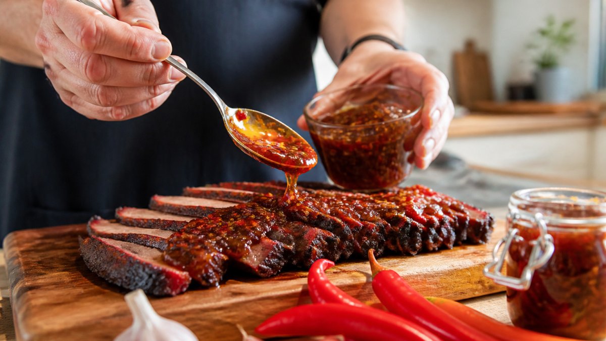 Home cook spooning glossy spicy jam glaze over sliced brisket on a rustic wooden cutting board in a bright kitchen