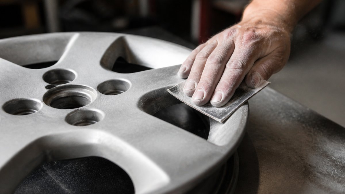 Close-up of a stock wheel being sanded with 100-grit sandpaper, showing surface preparation in progress with dust particles visible in natural workshop lighting