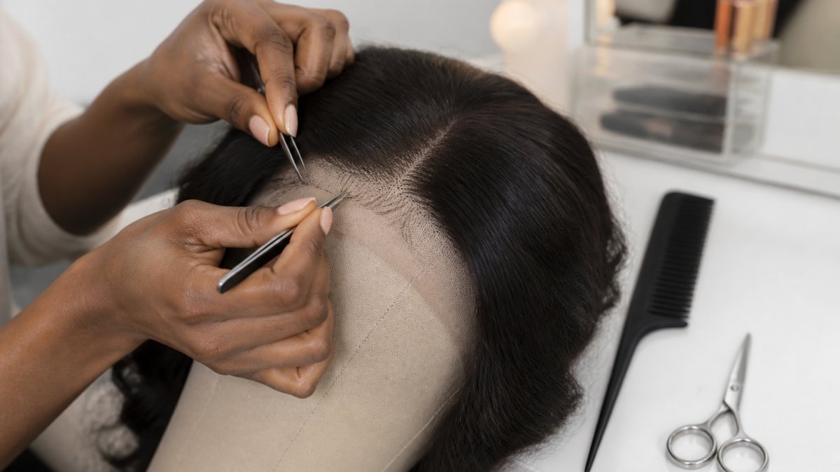 Close-up of a woman's hands using tweezers to pluck hairs along the lace hairline of a synthetic wig resting on a mannequin head, with a comb and small scissors nearby on a clean vanity table