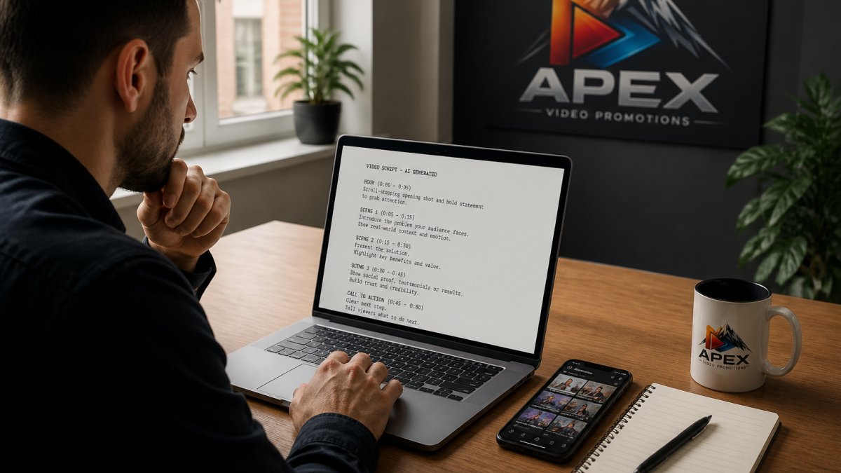 A marketer at a desk reviewing an AI generated video script on a laptop, with a smartphone showing a social media feed beside a notepad and coffee, soft window light