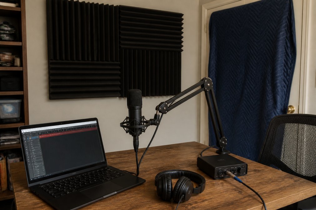 Diagram showing how to make voiceovers sound professional by using acoustic foam and moving blankets for soundproofing.