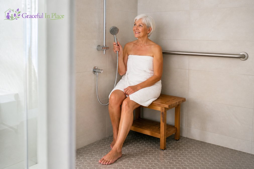 Step-by-step visual guide for shower and older and adult concepts for bathroom safer for seniors