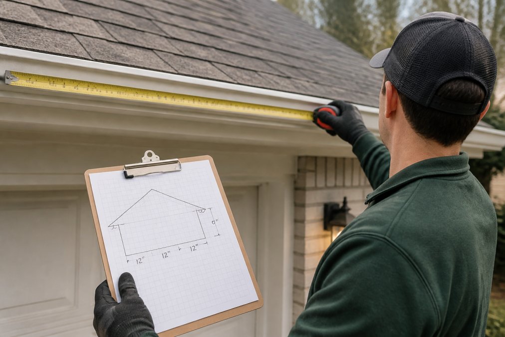 Professional installer measuring roofline with tape measure and clipboard showing hand-drawn layout sketch with spacing marks and measurements clearly visible on the gutter