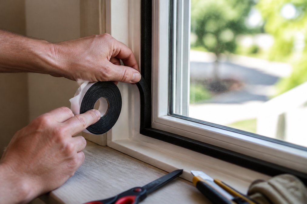 Close-up of hands applying weatherstripping foam tape along a window frame edge, with natural daylight streaming through the glass behind the frame