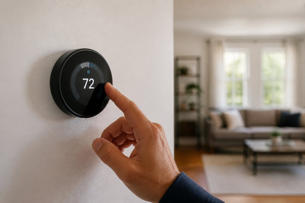 Homeowner's hand adjusting a modern smart thermostat display mounted on a white wall, with a blurred living room visible in the background
