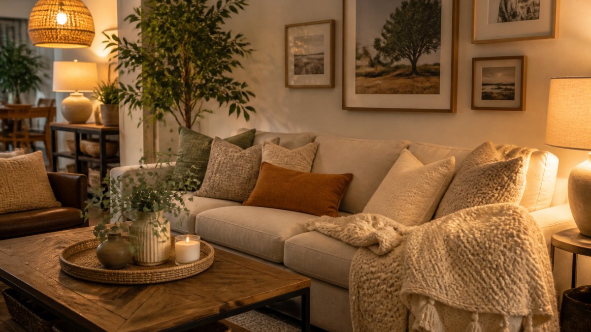 Warm, inviting living room with layered lighting from table lamps and soft overhead fixtures, plush throw pillows and textured blankets draped over a comfortable sofa, a potted green plant in the corner, and framed wall art creating a welcoming gathering space