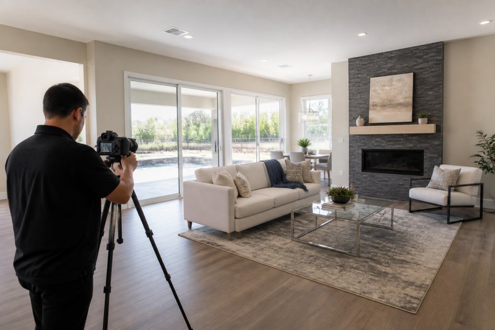 A bright living room with a sofa floated away from the wall, a glass coffee table, and minimal decor, shot from a corner showing the full space