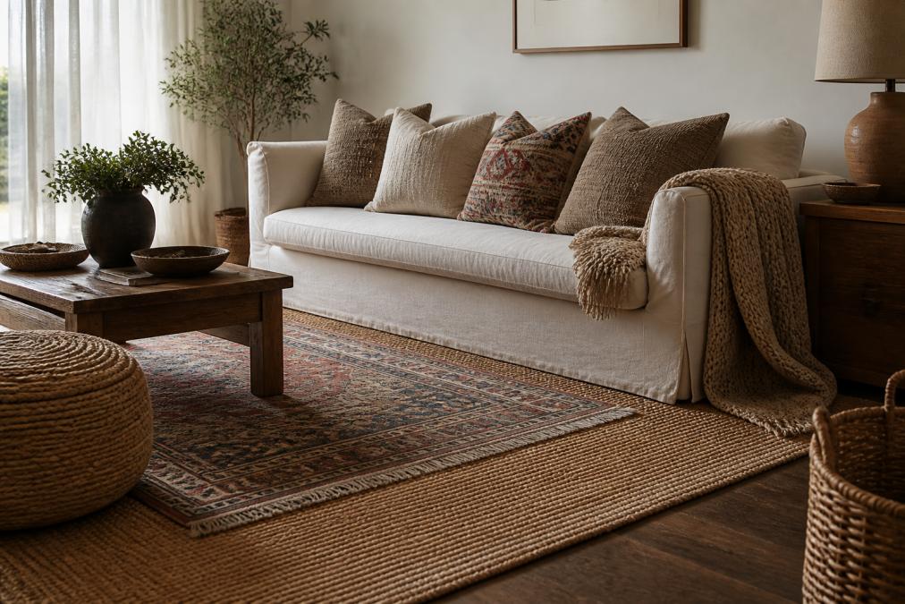 A cozy, well-styled living room featuring a large neutral-toned jute area rug layered with a smaller vintage-style patterned rug, plush linen cushions stacked on a cream sofa, and a chunky knit blanket draped over the armrest, warm afternoon sunlight streaming through sheer white curtains