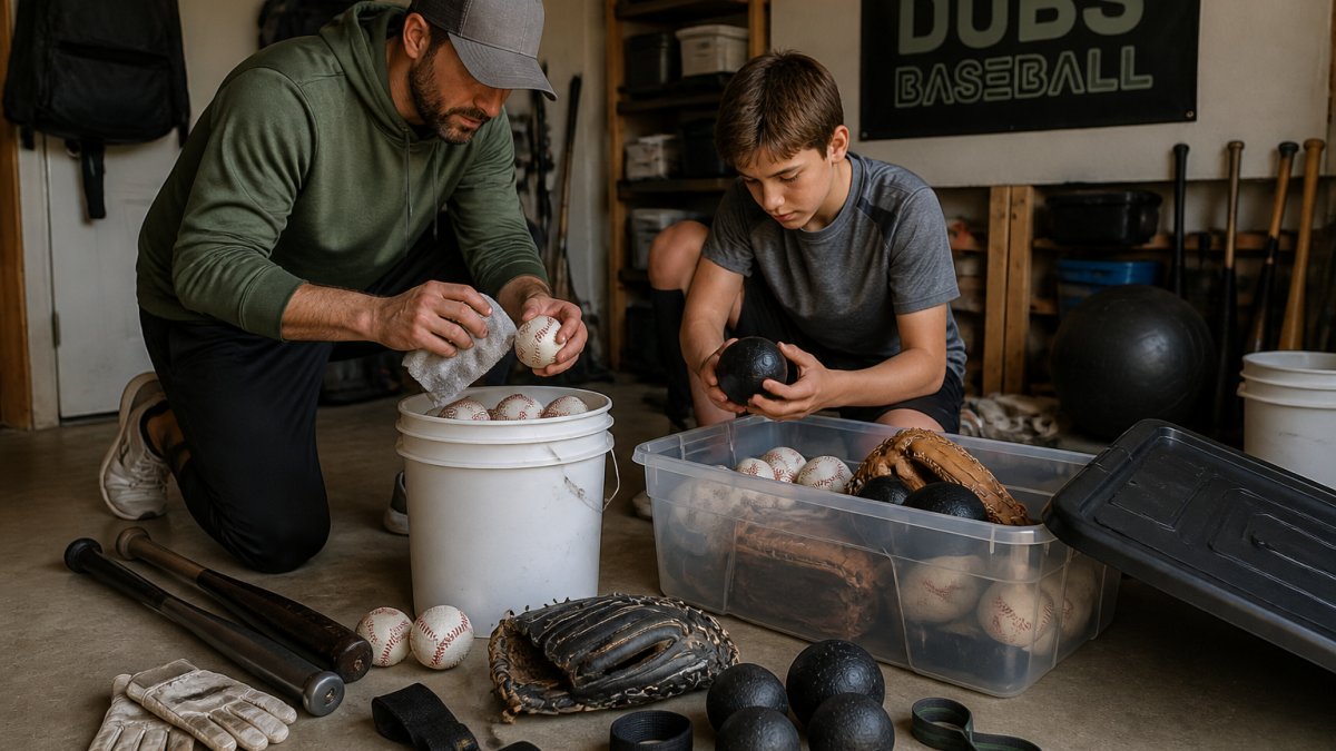 Coach and parent cleaning baseballs and weighted training gear in a garage for offseason storage