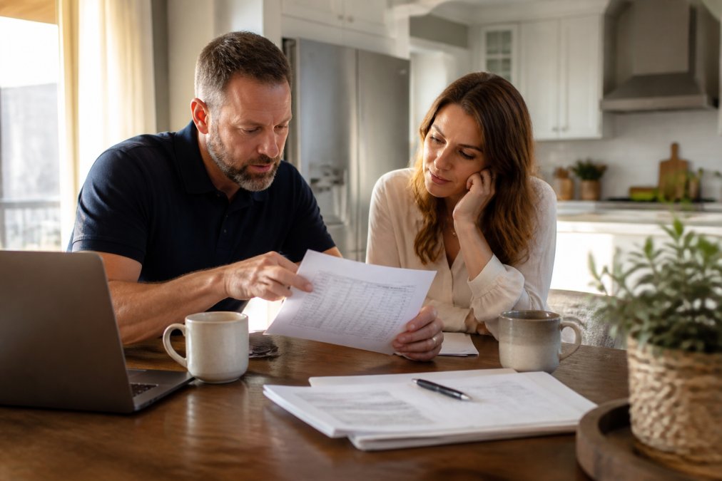 A project manager and homeowner reviewing a printed budget spreadsheet at a kitchen table, with a laptop and coffee cups nearby in warm afternoon light