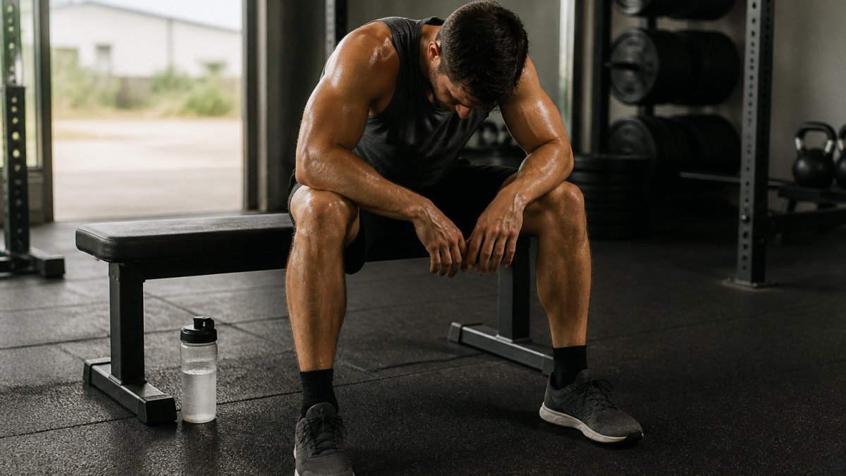 A tired athlete sitting on a gym bench after a hard session, head down, water bottle beside them, dim gym lighting, sweat visible