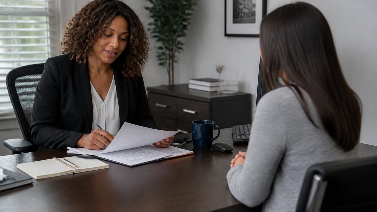 Property manager reviewing tenant application documents at desk with computer, conducting professional screening interview with applicant sitting across from them in modern office setting