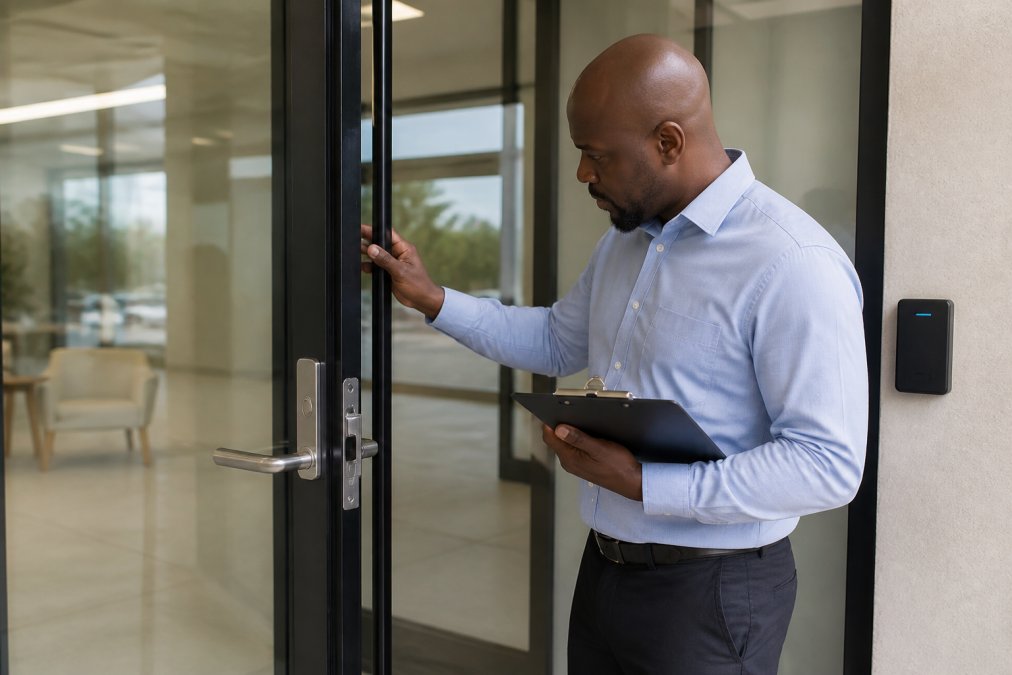 Operations manager conducting physical security audit, reviewing access points and door locks with clipboard in hand while inspecting security credentials and system documentation