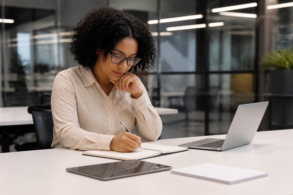 Professional in a modern office planning their day to manage adhd effectively while reviewing notes.