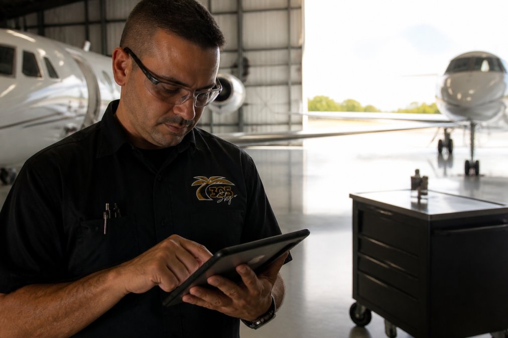 Aircraft maintenance technician reviewing digital maintenance records on a tablet in a modern hangar with aircraft visible in the background, natural lighting streaming through hangar doors