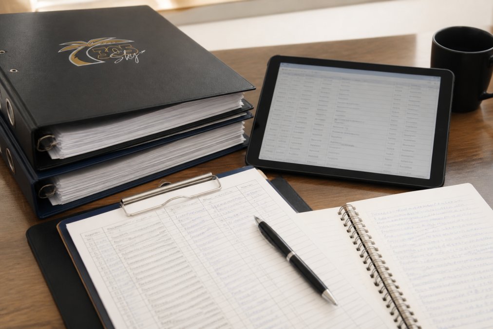 Close-up of organized aircraft maintenance logbooks and digital records displayed on a desk with a clipboard, pen, and tablet showing maintenance data, professional office lighting