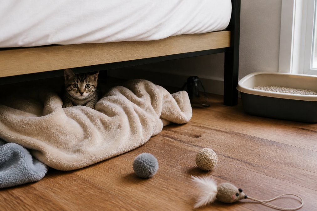 Rescued kitten peeking out from a cozy hideaway under a bed with soft blankets, toys scattered nearby, and a litter box visible in the background