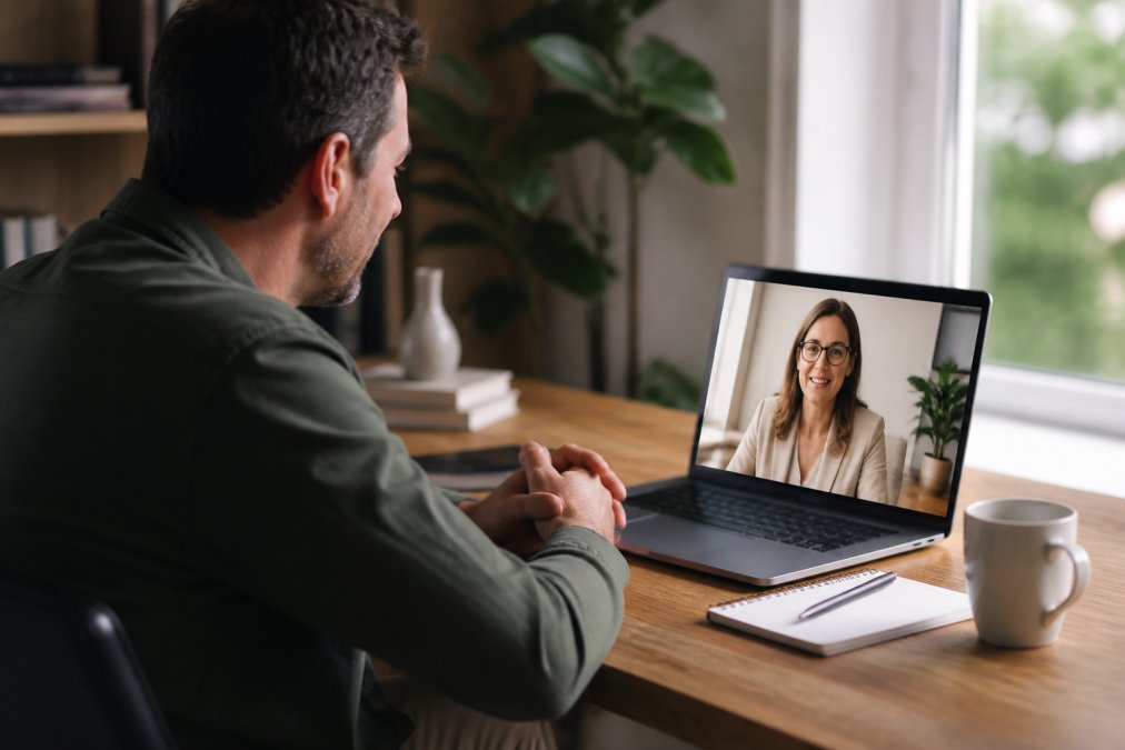 Man with folded hands speaking with a woman during a video call on a laptop