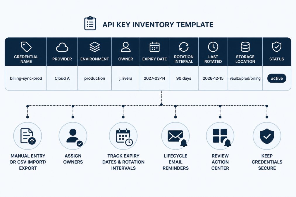 Diagram showing an API key inventory template to effectively manage API keys with key metadata fields.