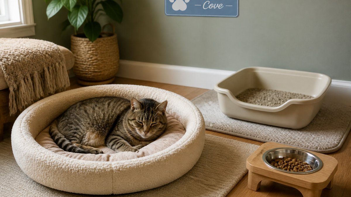 A senior tabby cat resting on a soft, warm bed with a raised rim in a cozy living room corner, with a low-entry litter box and raised food bowl visible nearby