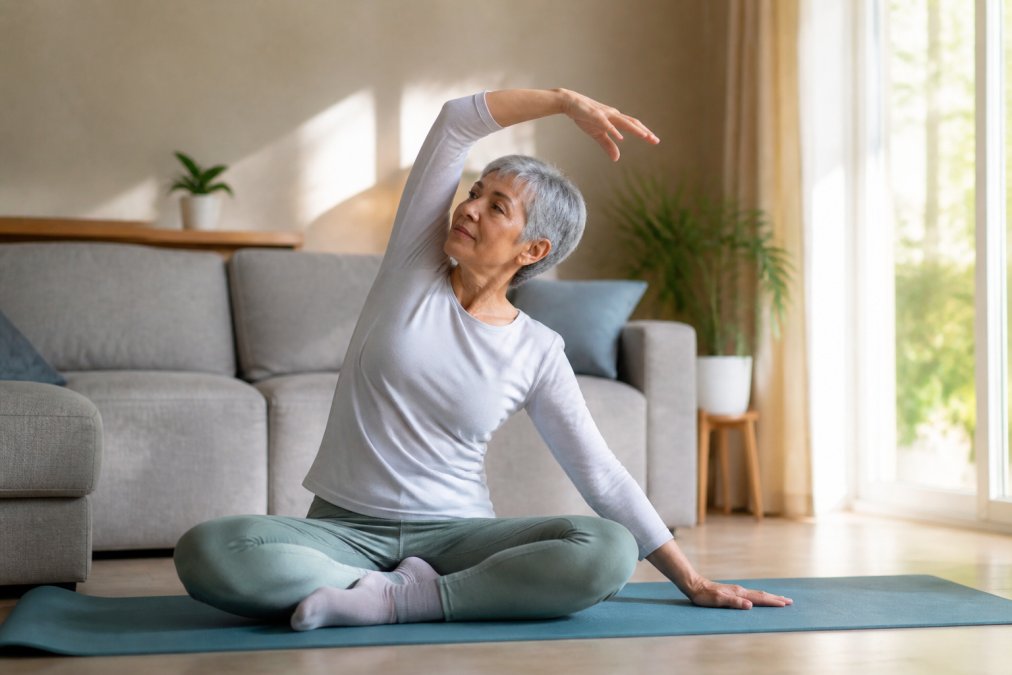 A senior woman in athletic wear performing gentle stretching exercises on a yoga mat in a bright living room with sunlight through the window