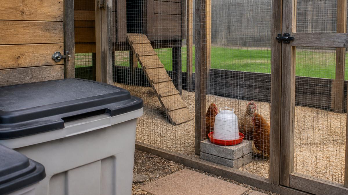 Backyard chicken coop with secure hardware cloth fencing, covered feed storage bins, and isolated waterer setup showing proper biosecurity measures