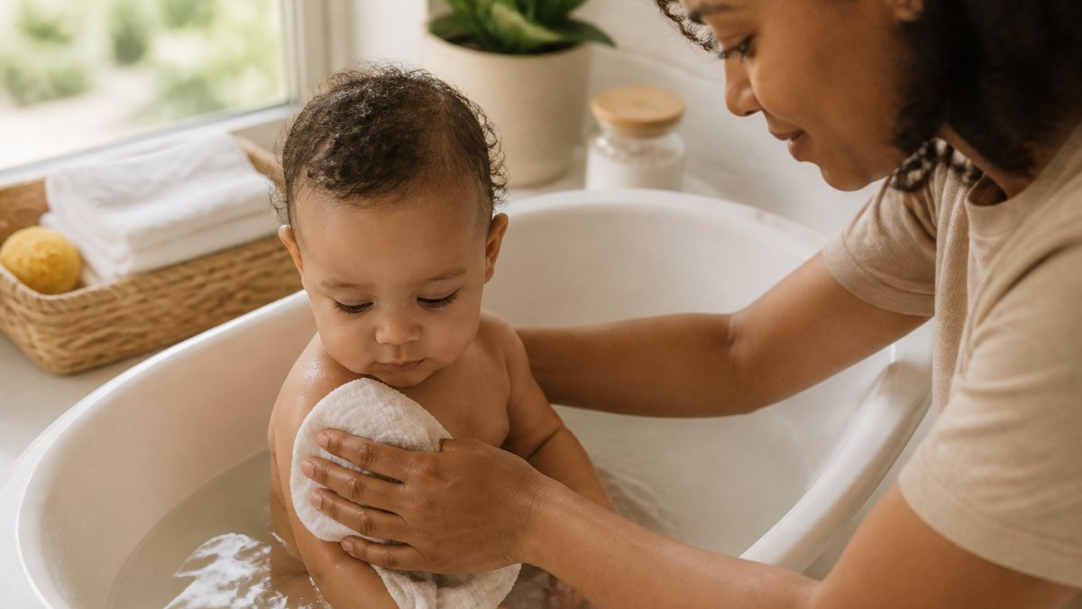 Parent gently bathing a baby in lukewarm water with soft washcloth, showing calm, tender care during bath time with natural lighting
