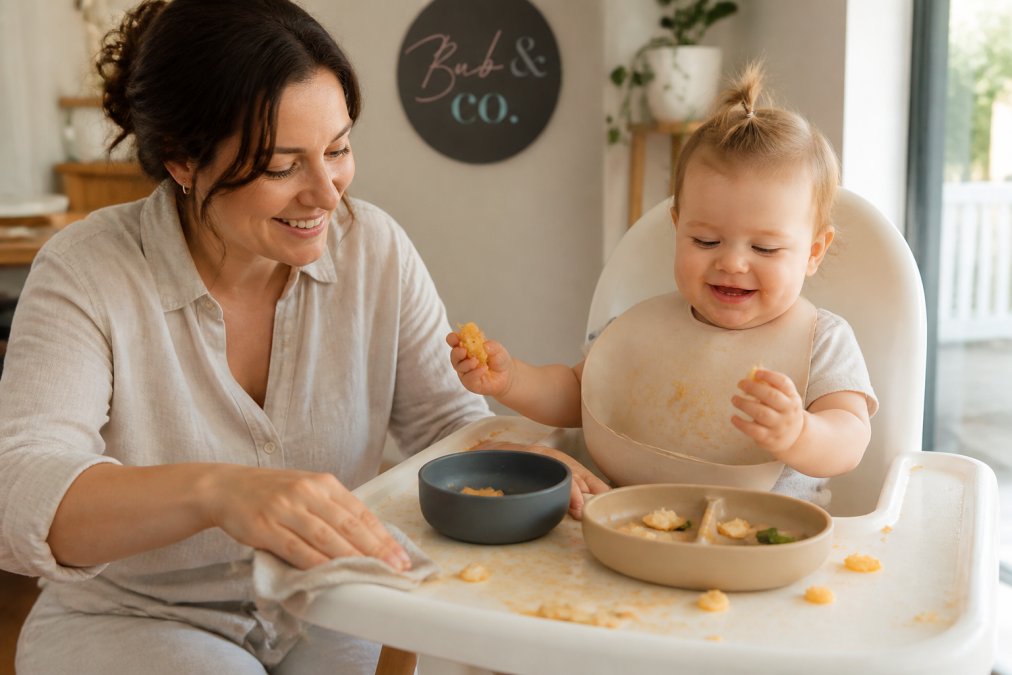 Smiling parent wiping food scraps from a highchair tray while their baby sits nearby in a sunlit kitchen