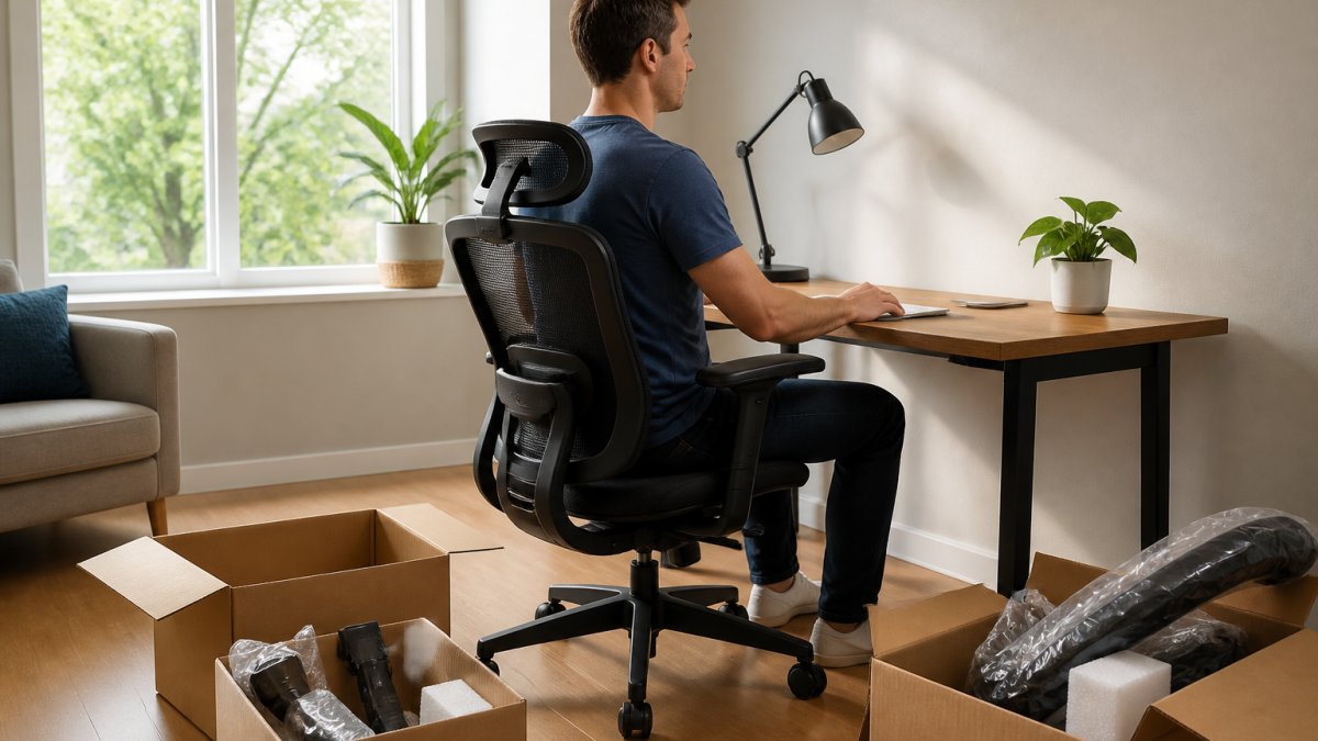 Person sitting at desk with proper posture, monitor at eye level, feet flat on floor, ergonomic chair with lumbar support visible, natural office lighting